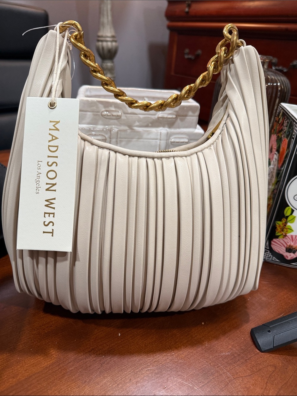 Madison West Cream Pleated Shoulder Bag with Gold Chain Handle